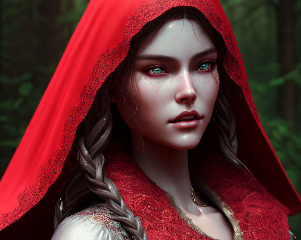 Portrait of young woman with braided hair and blue eyes in red hooded cloak in forest.