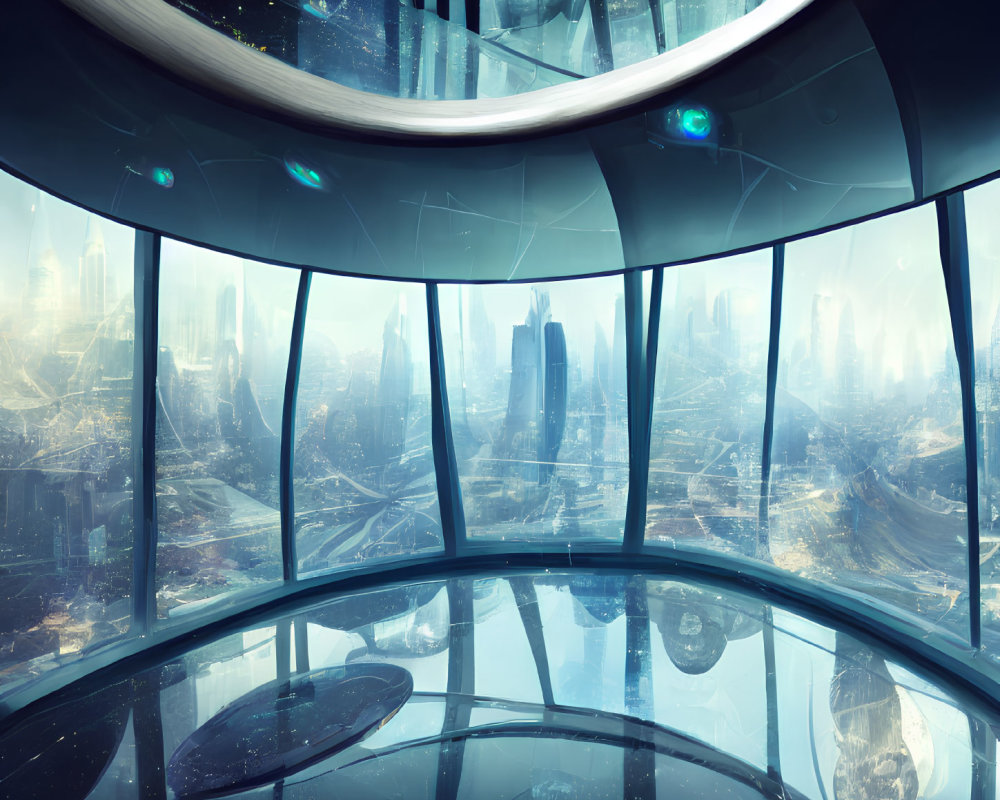 Futuristic observatory with panoramic cityscape view in blue tones