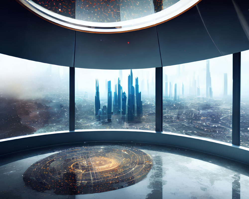 High-tech observation deck overlooking futuristic cityscape with holographic display