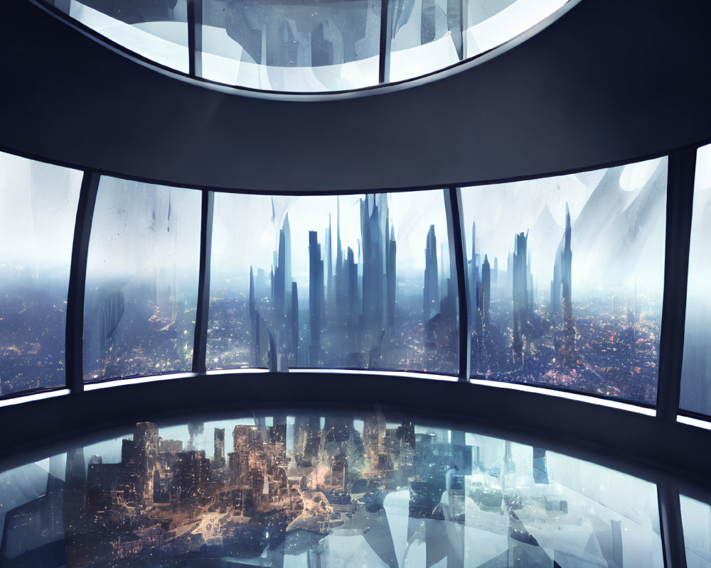 Futuristic cityscape through curved window with reflective floor