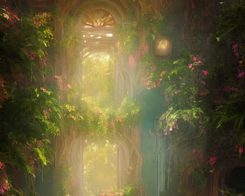 Ethereal overgrown room with intricate architecture and floating light orbs