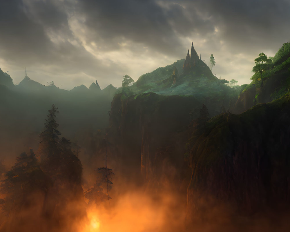 Mystical landscape with towering cliffs and lush forests