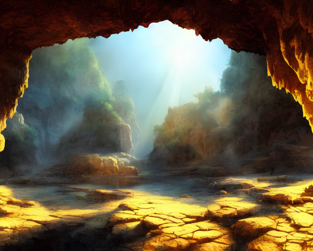 Spacious cave with lush greenery view and warm sunlight glow