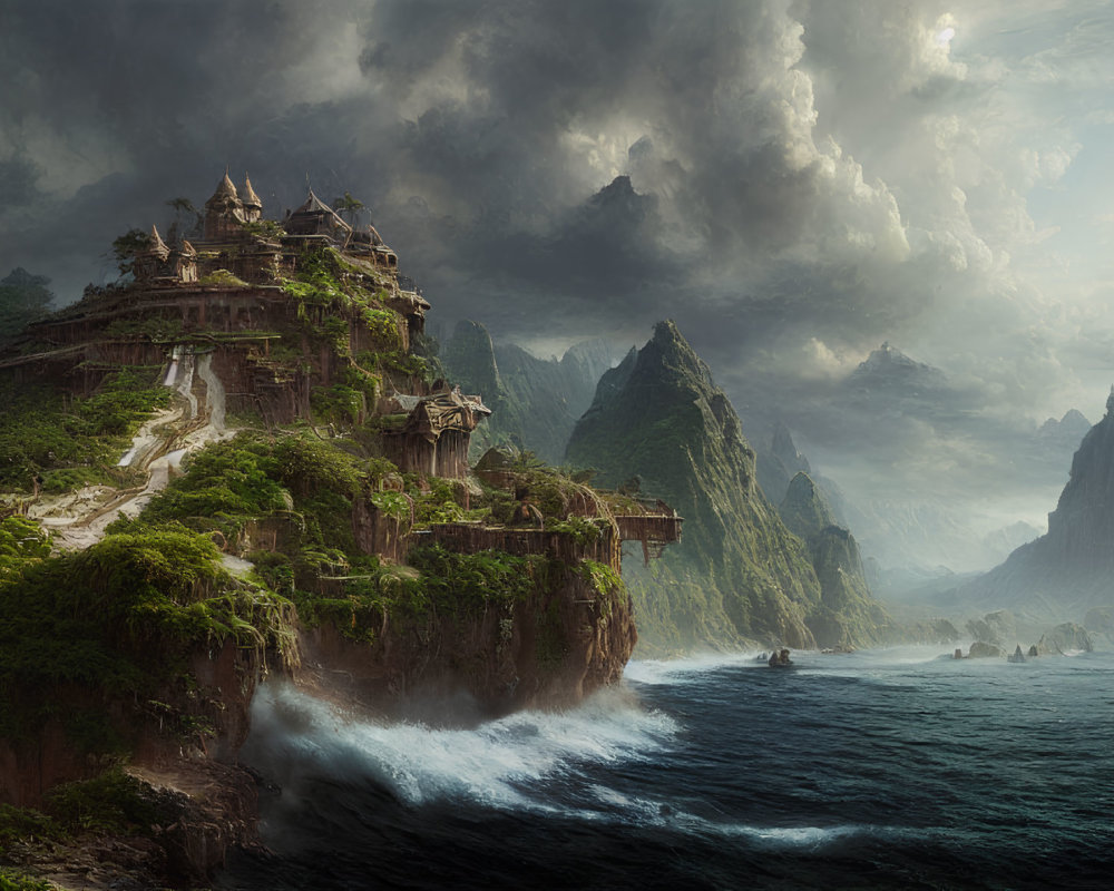 Majestic cliffside temple in ethereal landscape