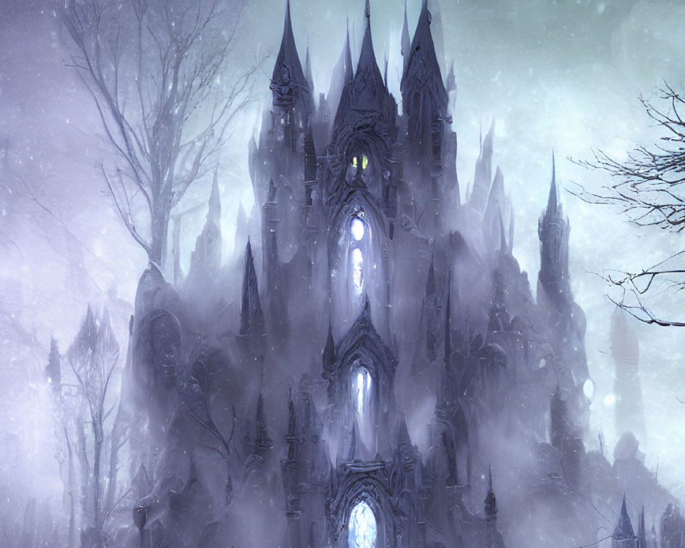 Ethereal gothic castle in misty snowy landscape at night