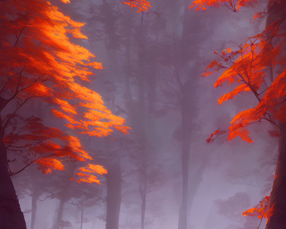 Misty forest with towering trees and fiery orange leaves