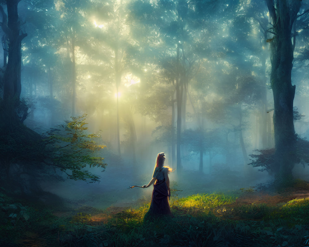 Serene forest scene: woman in misty dawn light among lush foliage