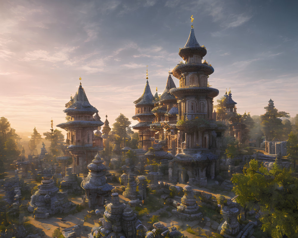 Ancient City at Sunrise with Ornate Towers and Rock Formations