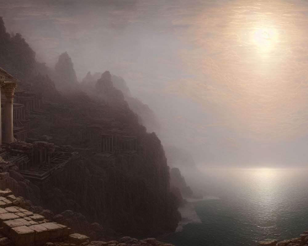 Sunlit ancient ruins on rugged coastline with misty cliffs & reflective water