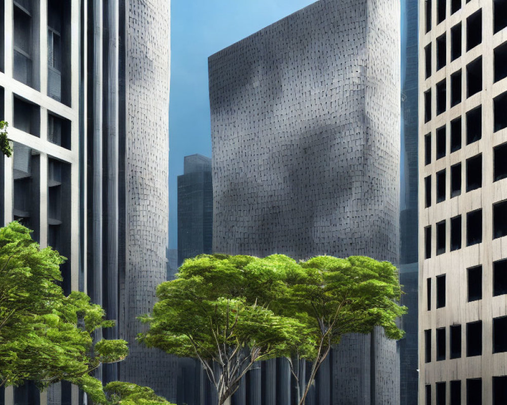 Modern skyscrapers contrast with lush green trees in urban canyon.