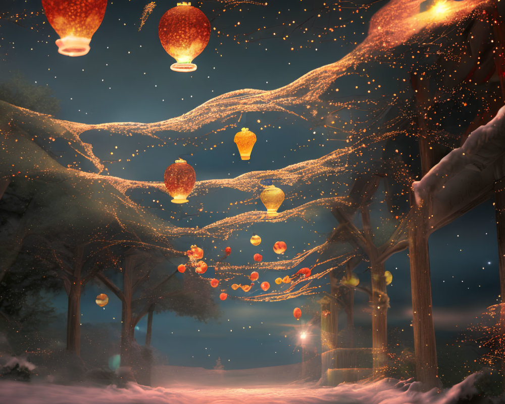 Snow-covered path illuminated by floating lanterns at night