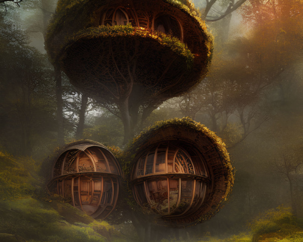 Magical spherical treehouses in misty woods with lush greenery