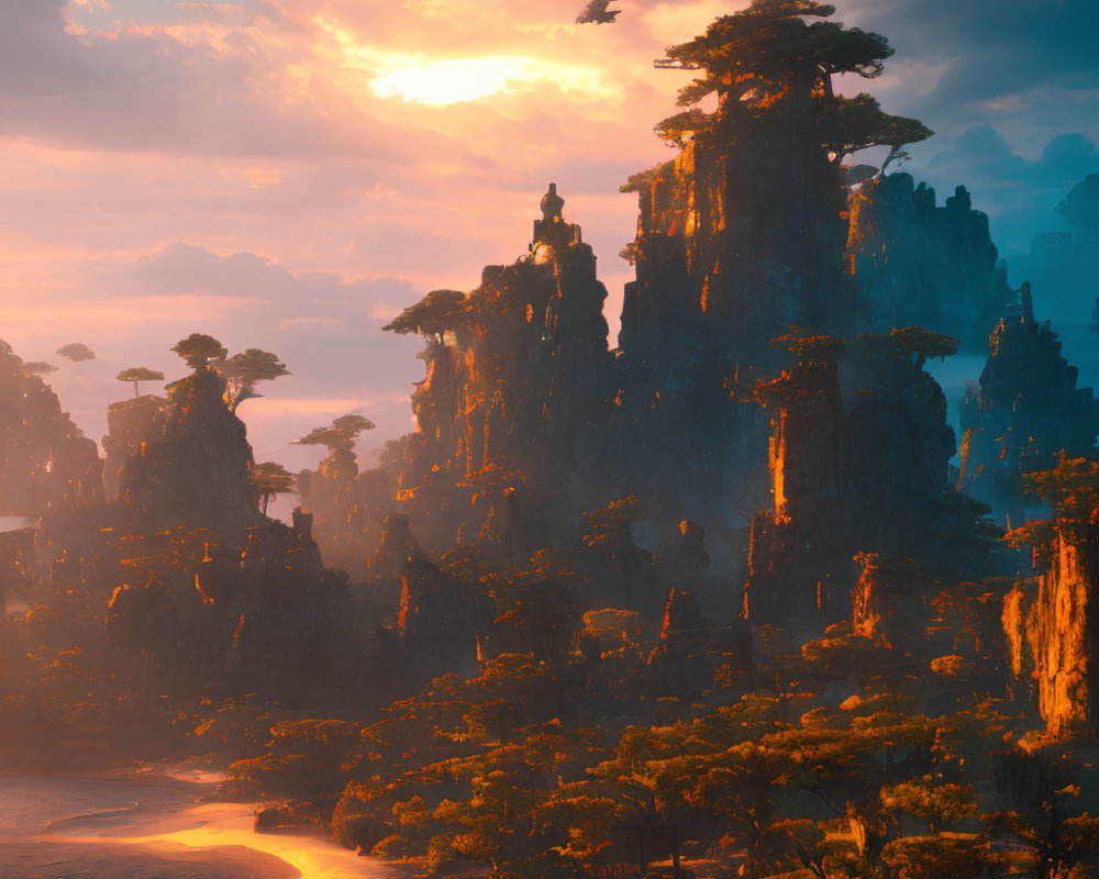 Majestic sunset over mystical landscape with rock formations & flying creatures