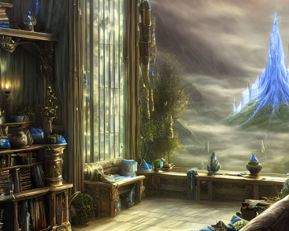 Fantasy room with ornate decor overlooking magical landscape