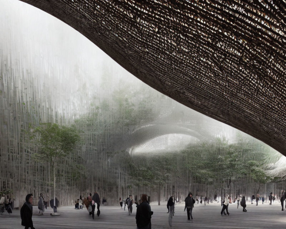 Spacious indoor area with lattice roof and people.