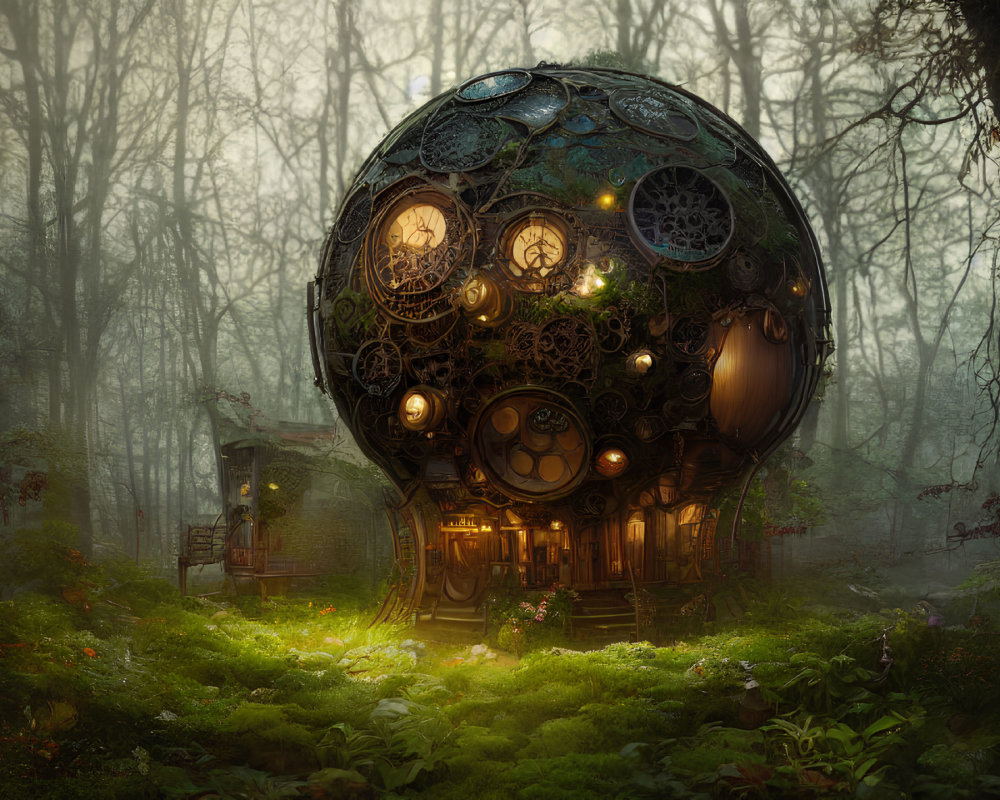 Intricate spherical structure in misty forest with glowing windows