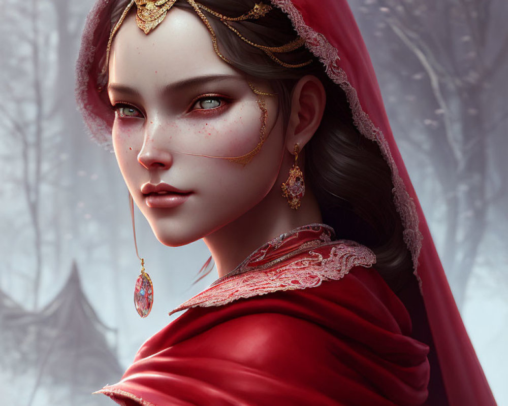 Digital portrait of young woman with fair skin, freckles, and dark hair in red cloak against