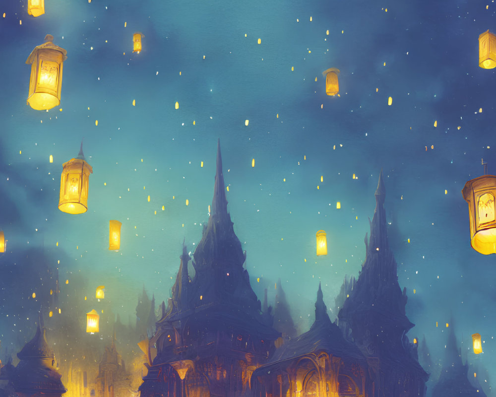 Enchanting castle scene with floating lanterns at dusk