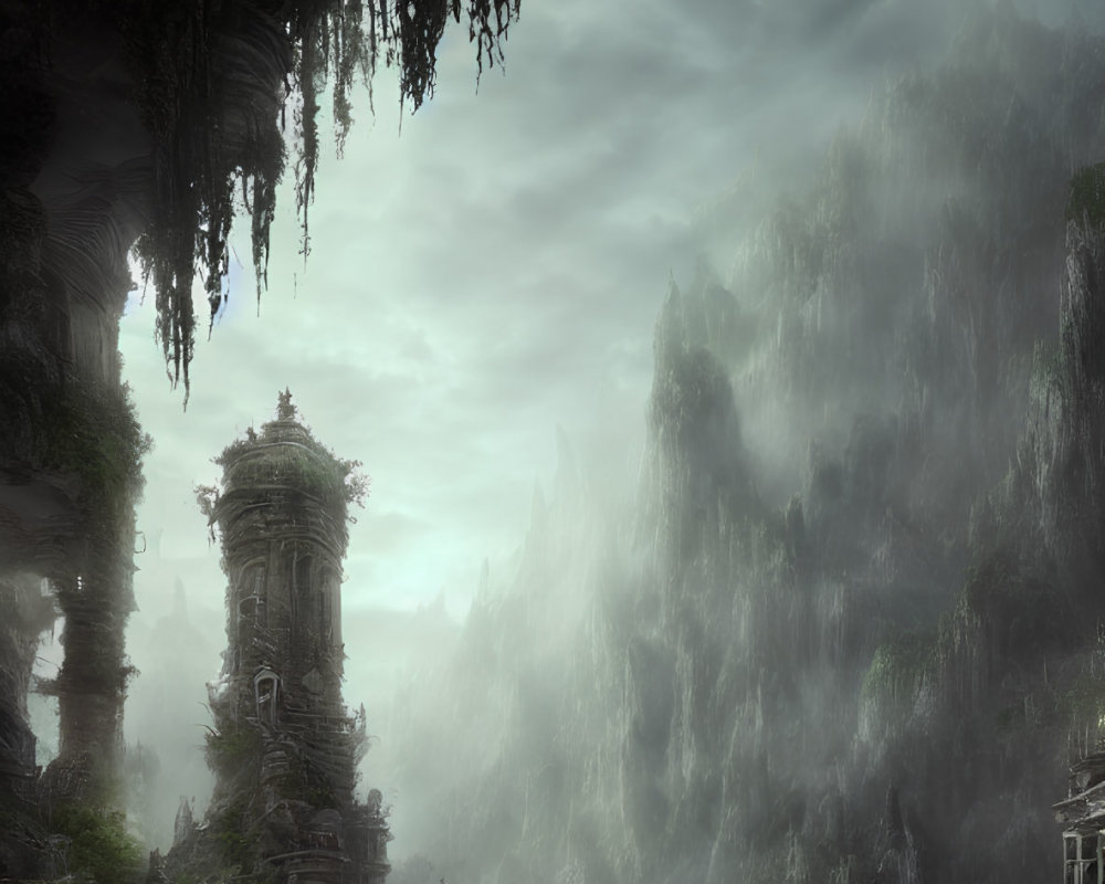 Moonlit Ancient Ruins with Towering Pillars in Overgrown Landscape