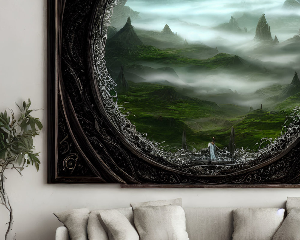 Surreal painting of misty landscape with floating jellyfish-like creatures