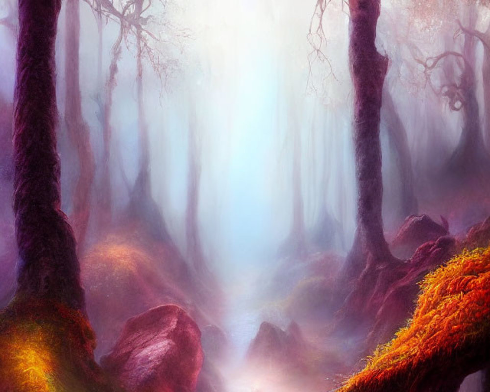 Misty Enchanted Forest with Autumn Leaves and Stream