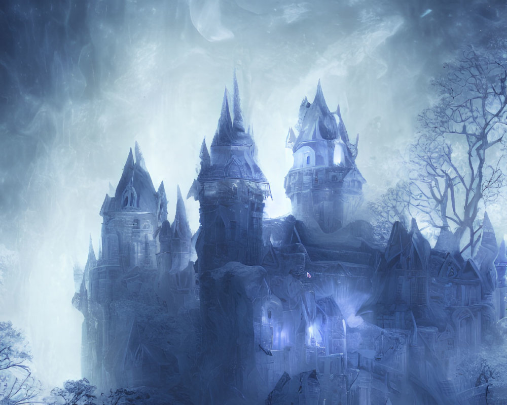 Mystical blue castle in ethereal forest with ghostly figures