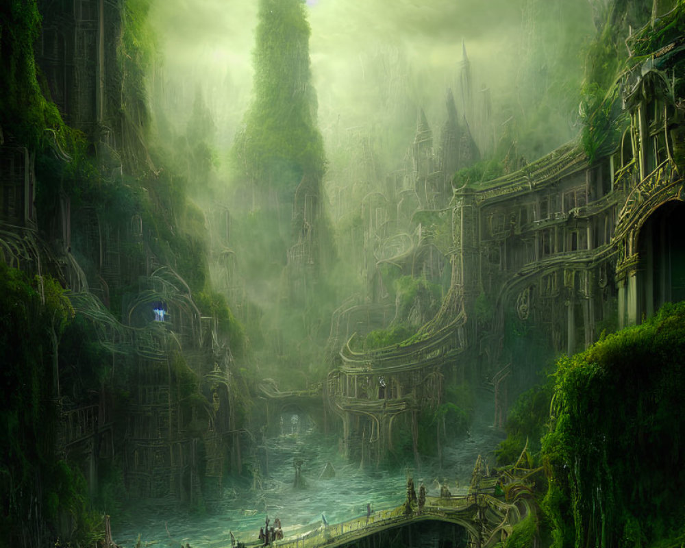 Ethereal lush green fantasy landscape with towering spires and waterfalls