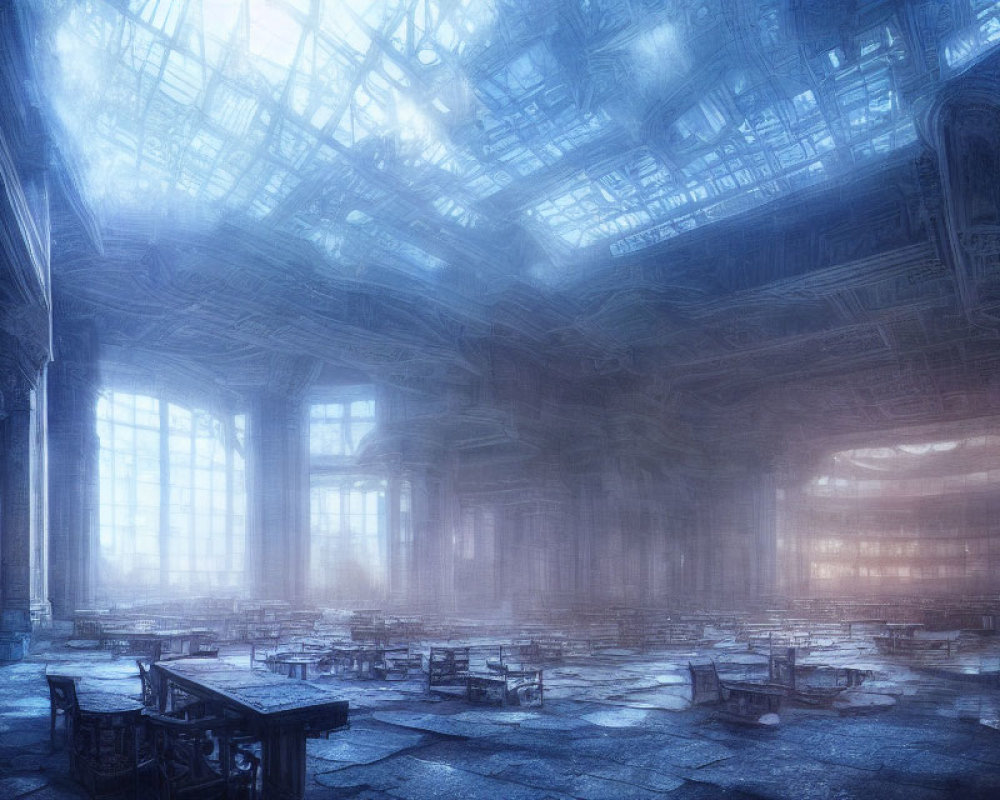 Abandoned hall with towering columns and broken furniture under a shattered ceiling