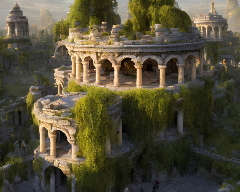 Overgrown ancient temple in soft light with lush greenery