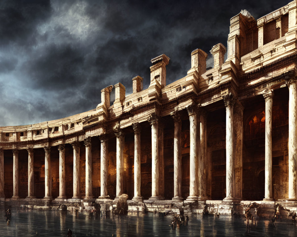 Ancient colonnade with towering pillars under foreboding sky