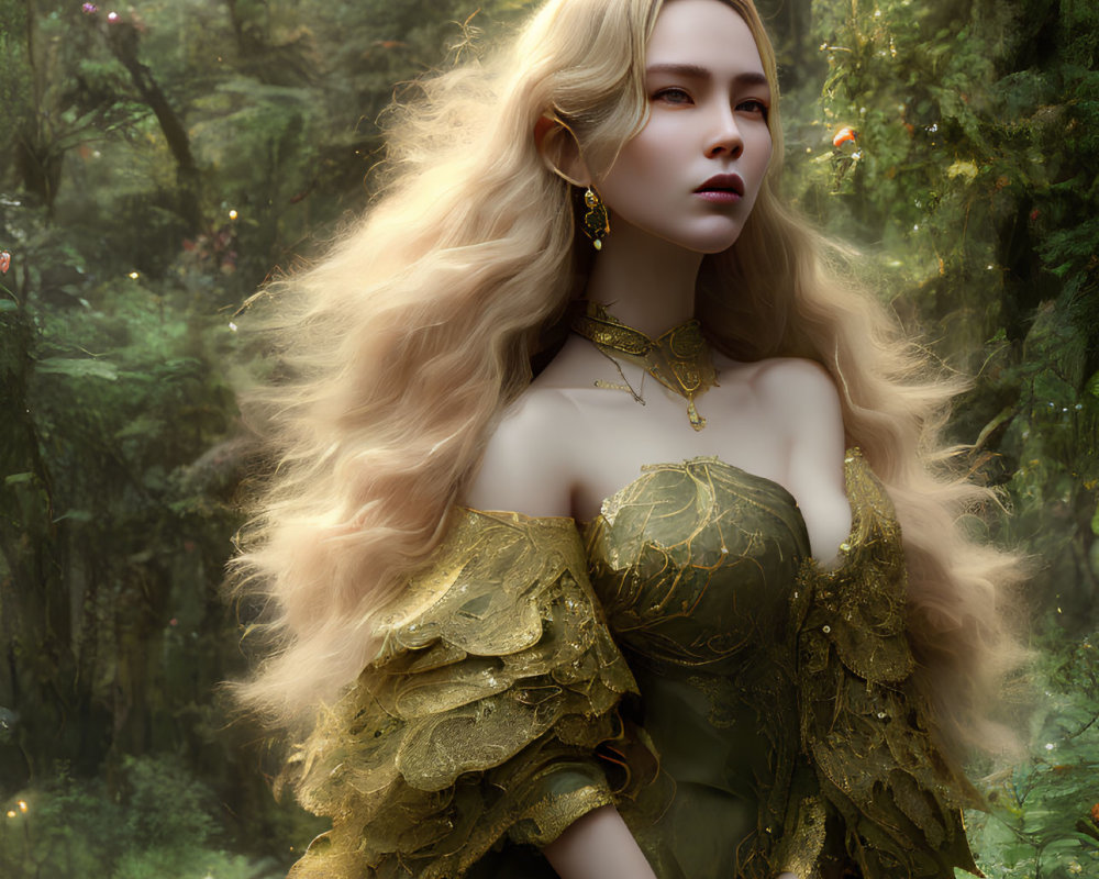 Blonde woman in golden dress in misty forest