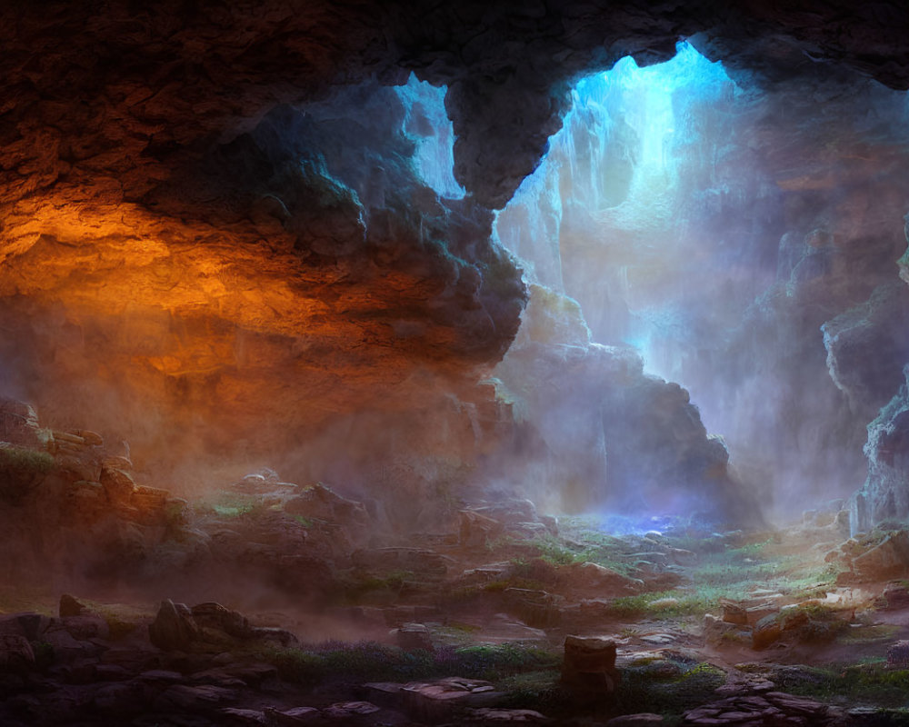 Ethereal cave with glowing blue entrance and sunlight casting shadows