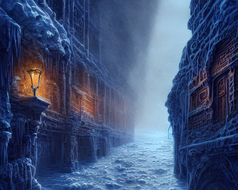 Twilight cobblestone alleyway with lantern light and ice-covered buildings