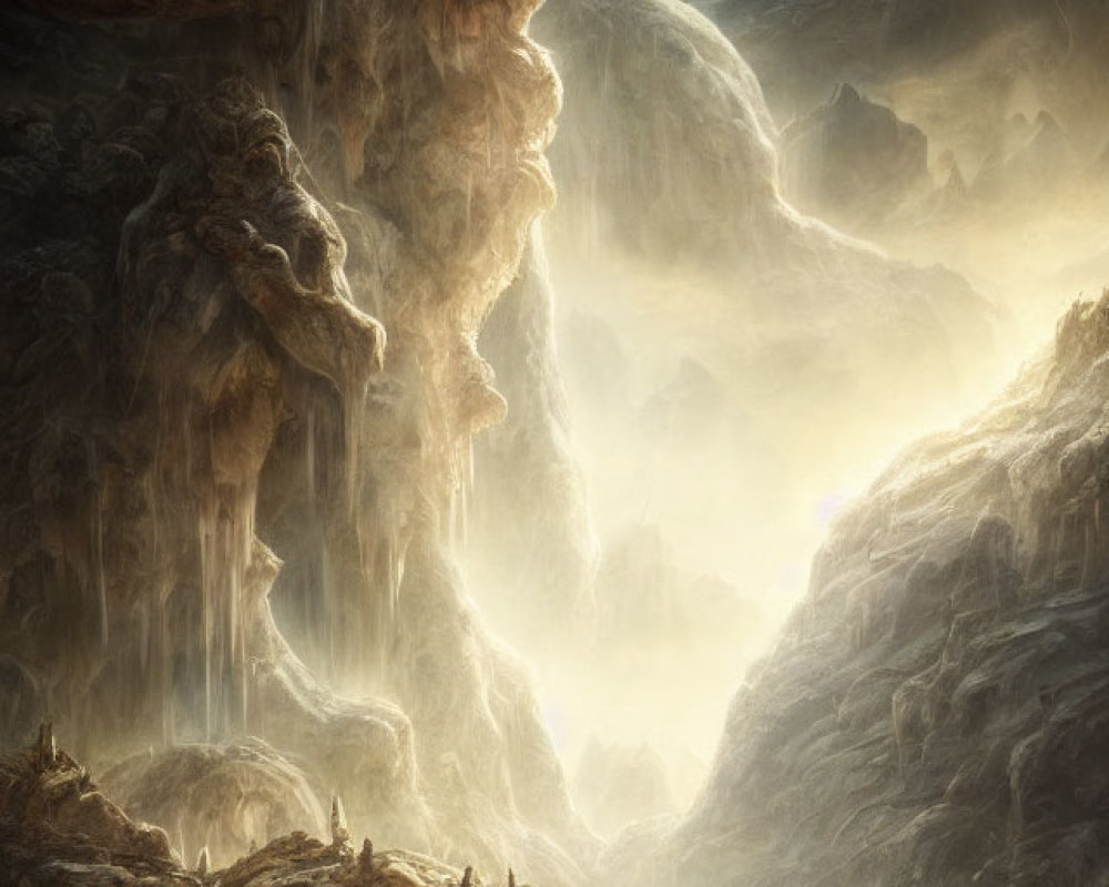 Ethereal subterranean landscape with waterfalls and mystical light