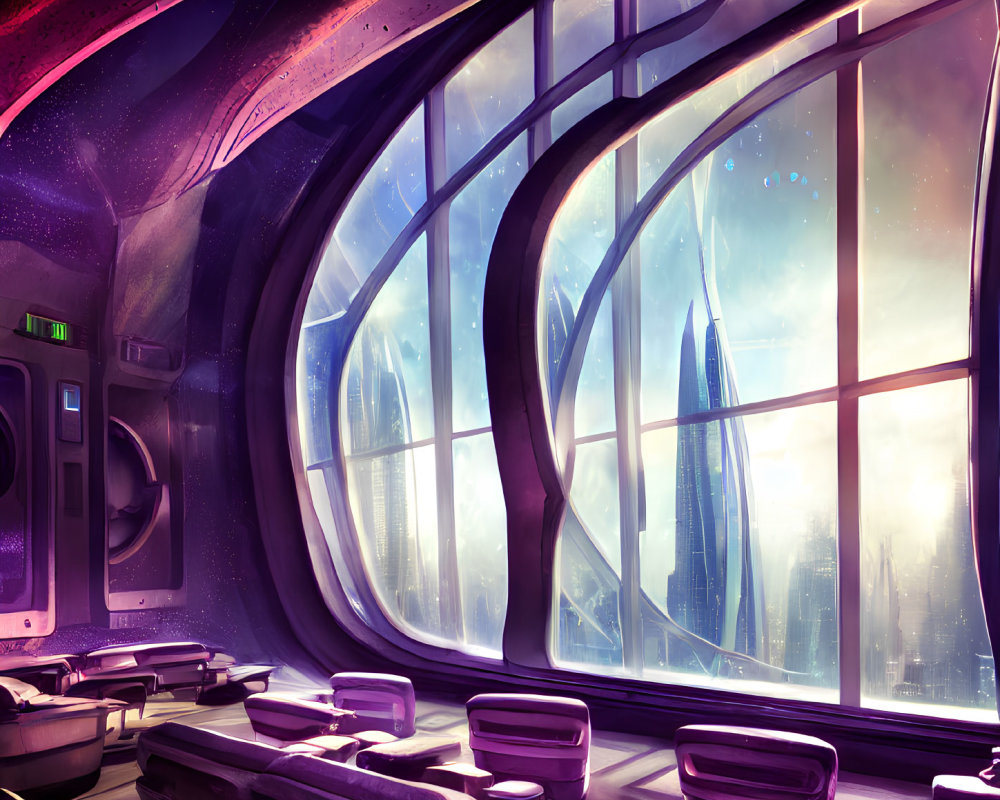 Futuristic interior with large windows overlooking cityscape and skyscrapers in pink and purple hues under