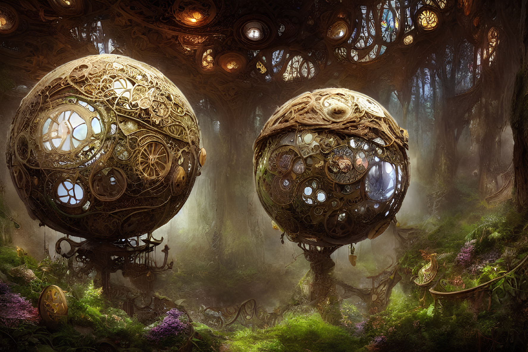 Intricate spherical structures with cog and wheel designs in misty forest