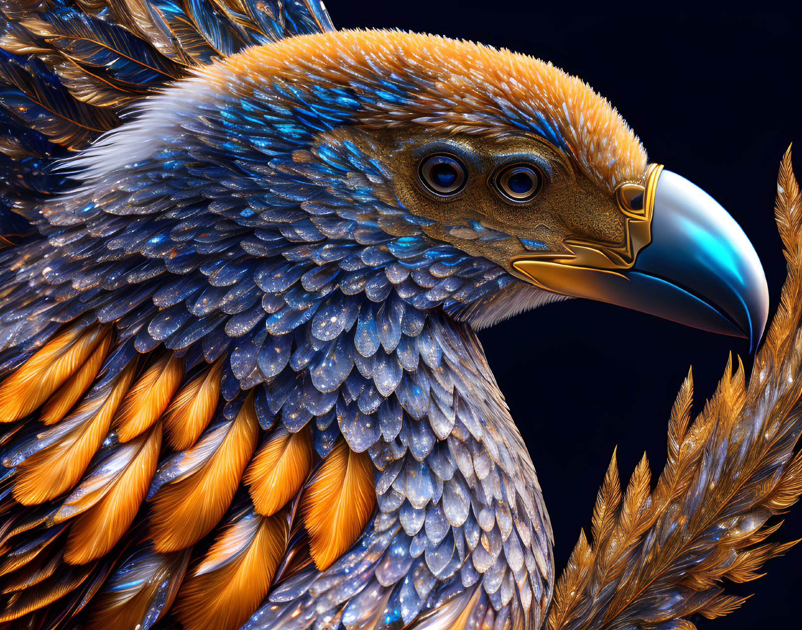 Vibrant Fantastical Bird Illustration with Metallic Blue and Gold Beak