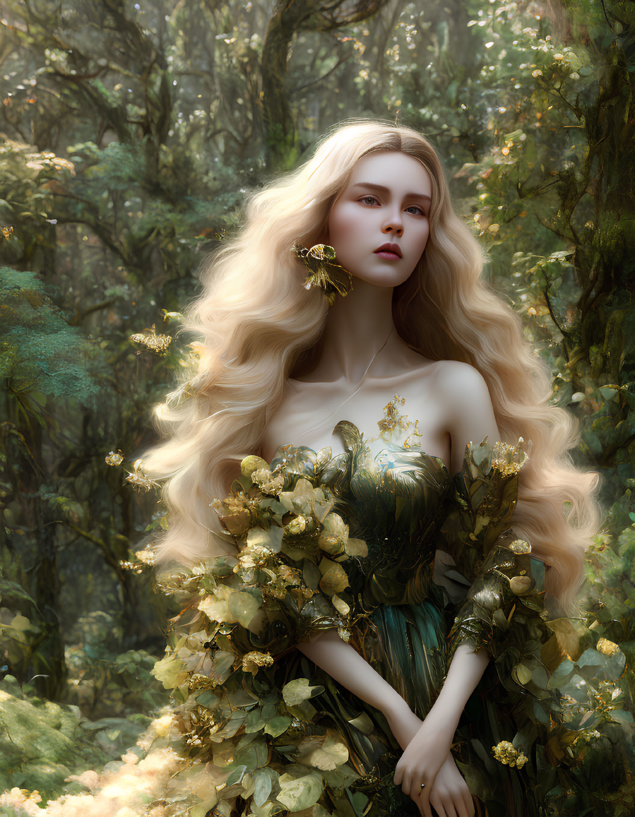 Blonde woman in greenery-themed dress in mystical forest