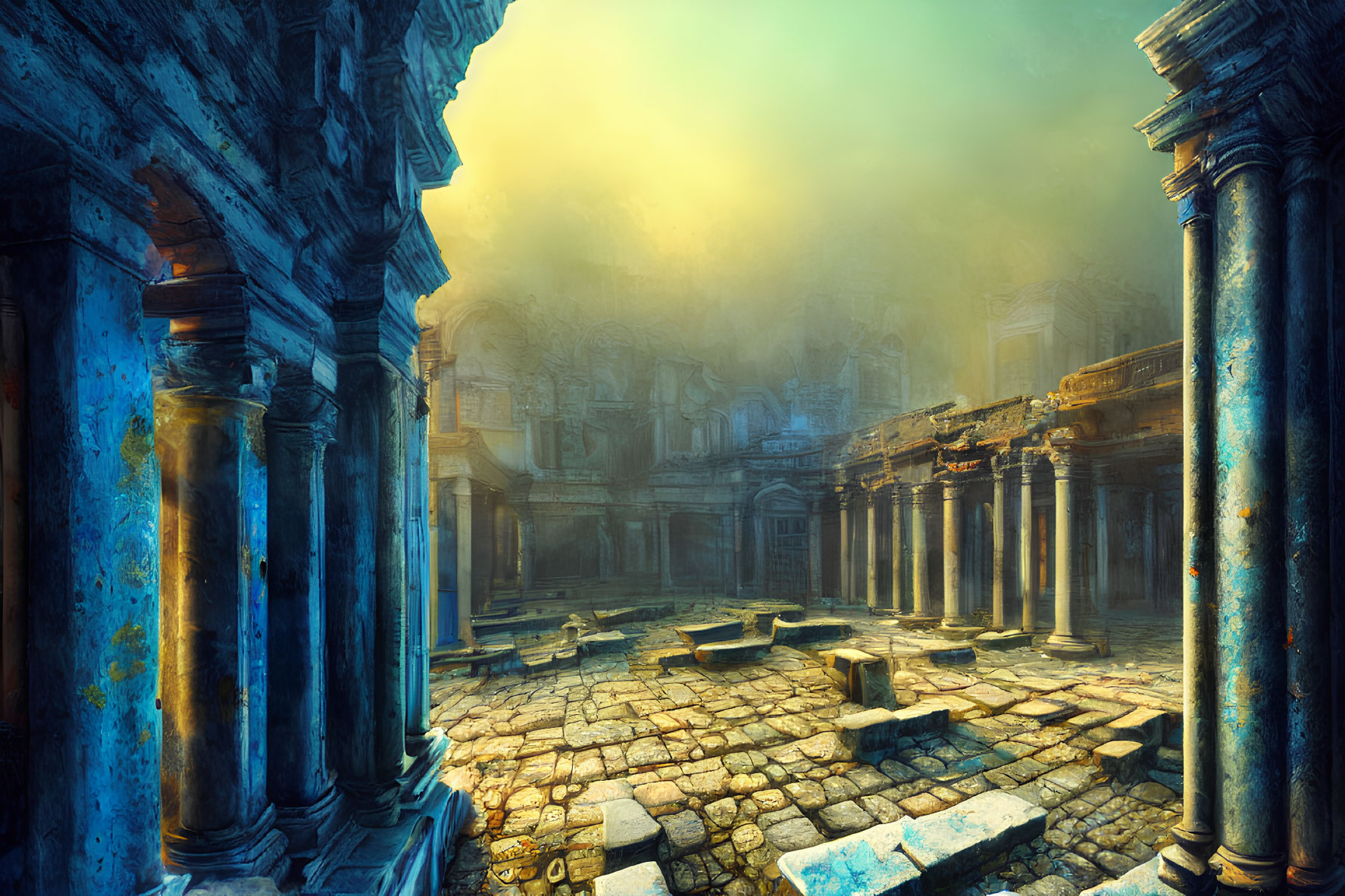 Ancient city with classical columns and overgrown ruins in golden sunlight