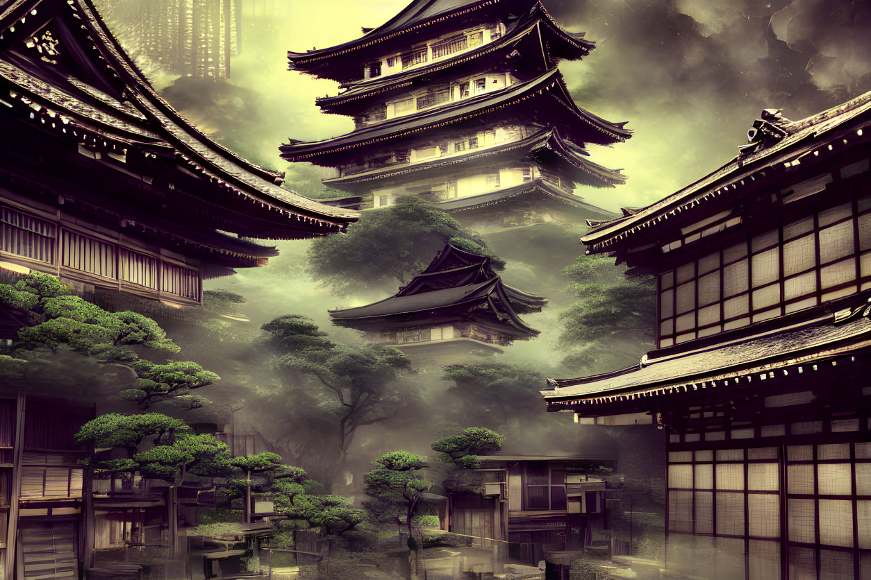 Traditional Japanese pagoda in misty forest setting with wooden buildings.