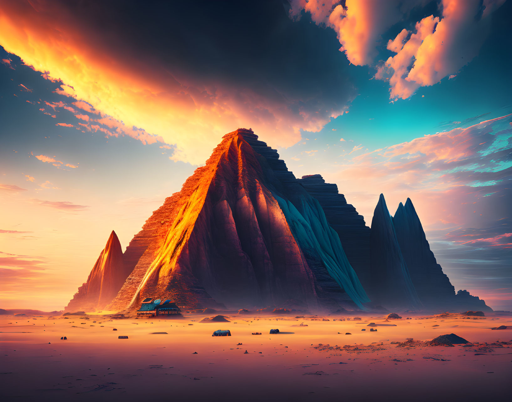 Fantastical desert landscape with dramatic sky and rock formations