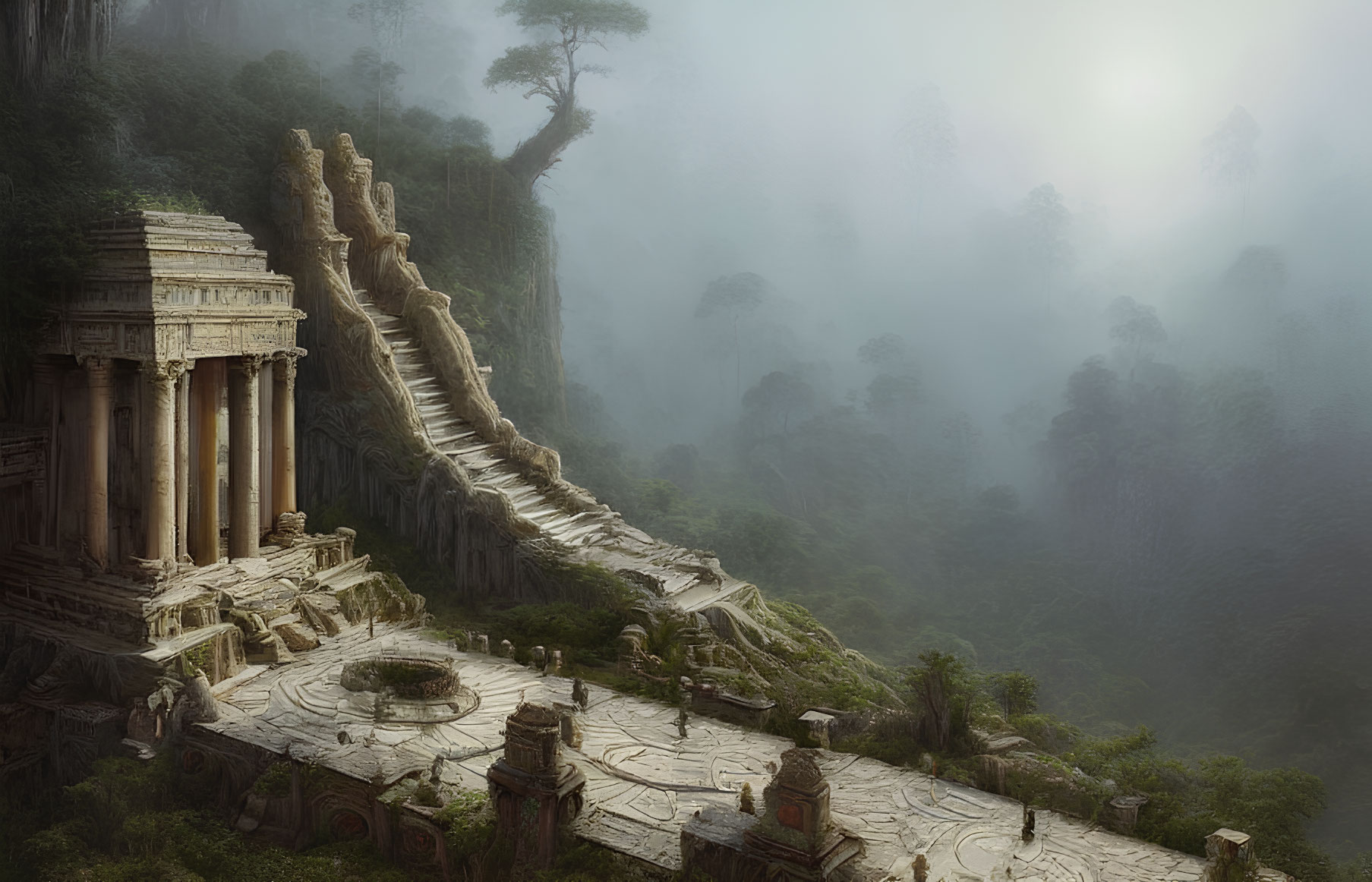 Misty forest surrounds ancient temple ruins with ornate stairs