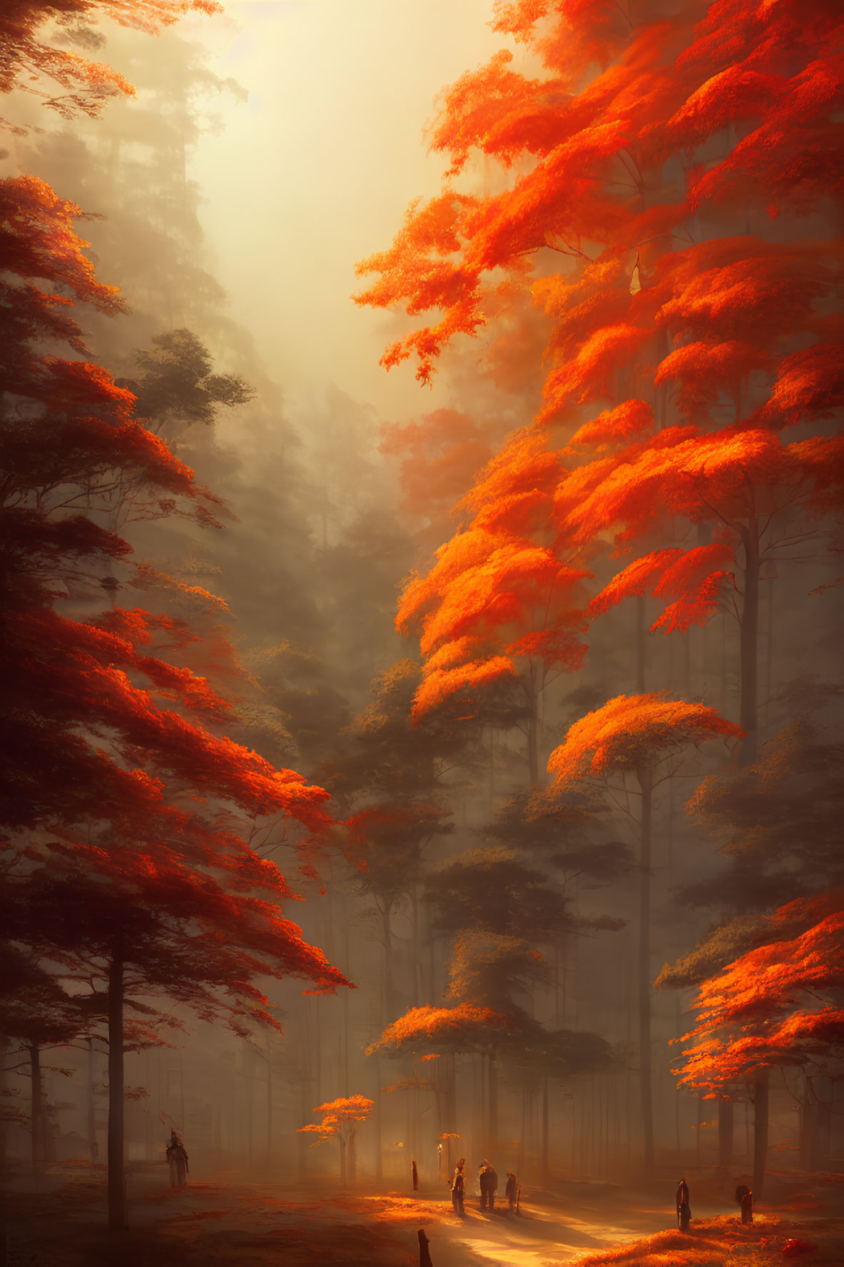 Forest scene with red foliage and figures walking in sunlight-filtered mist