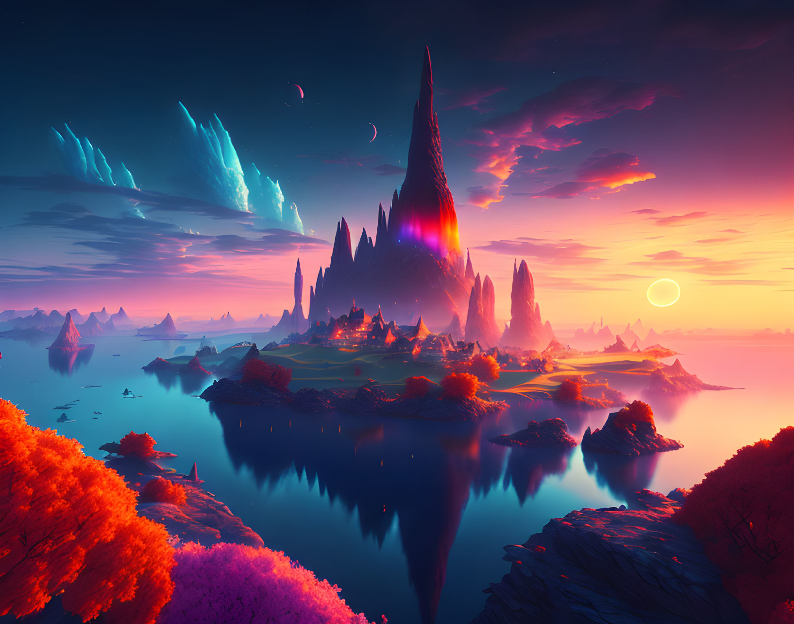 Fantasy landscape with central spire, floating islands, glowing flora, and celestial sky.