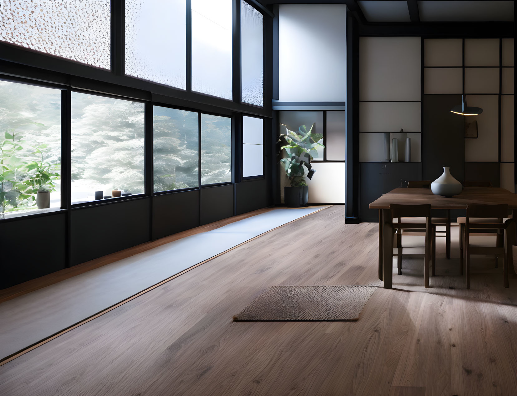 Spacious dining room with wooden furniture, tatami mat floor, and greenery view