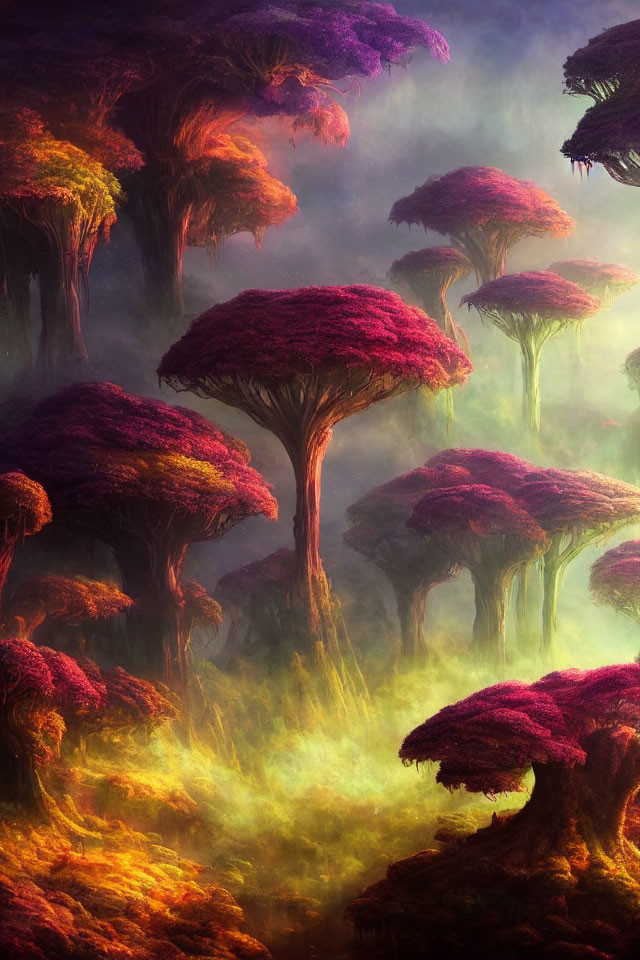 Fantastical forest with purple and red foliage in golden light