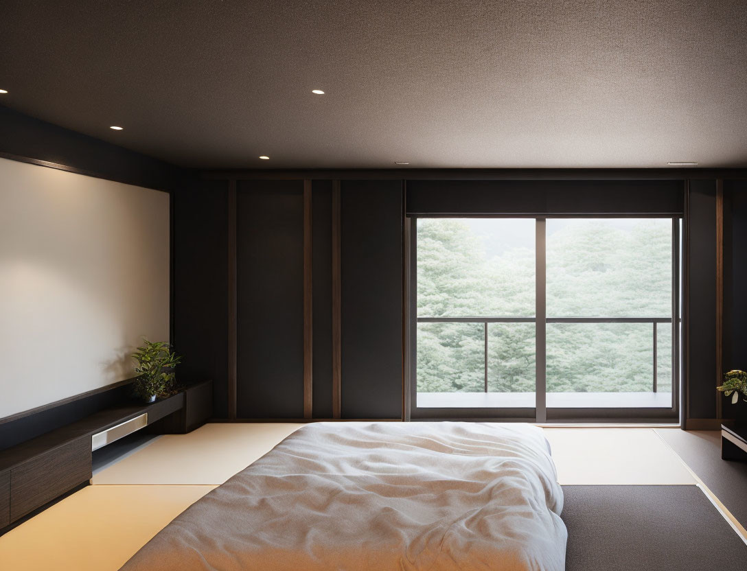 Spacious modern bedroom with large bed, dark walls, recessed lighting, and tree view