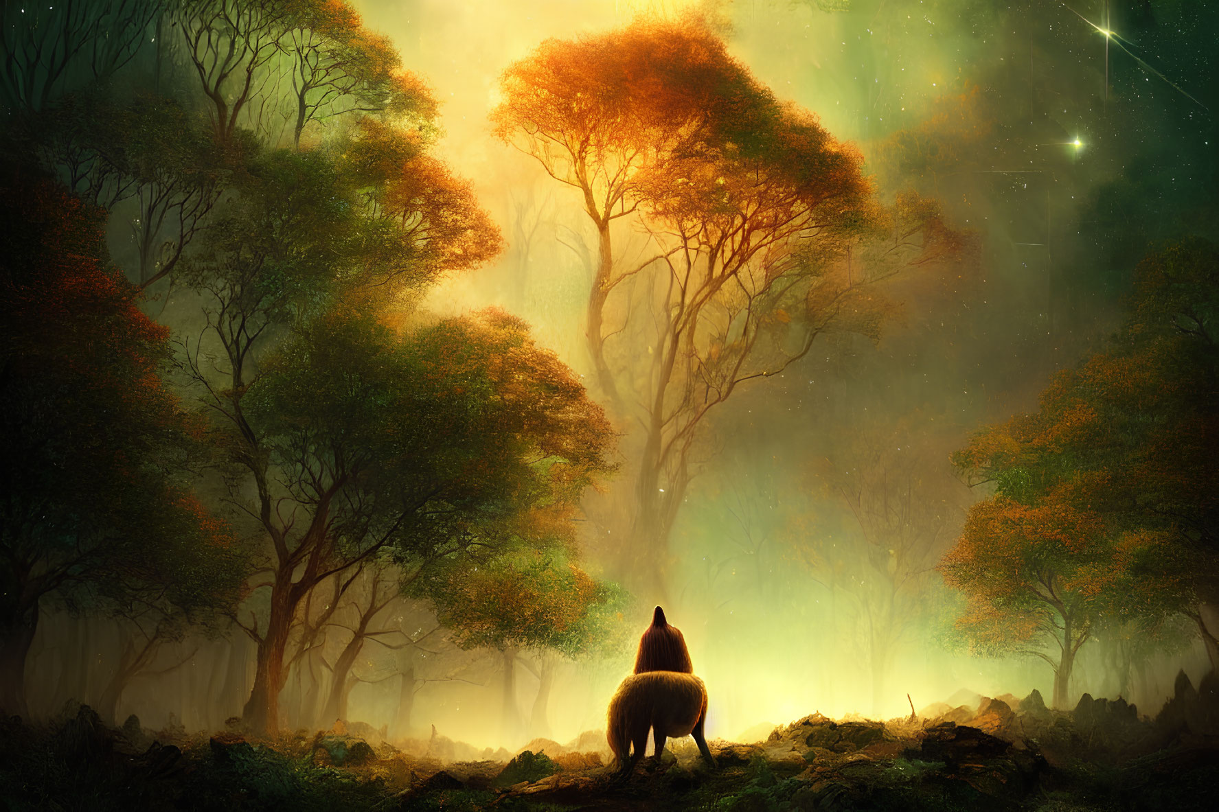 Mystical forest scene with bear and glowing trees