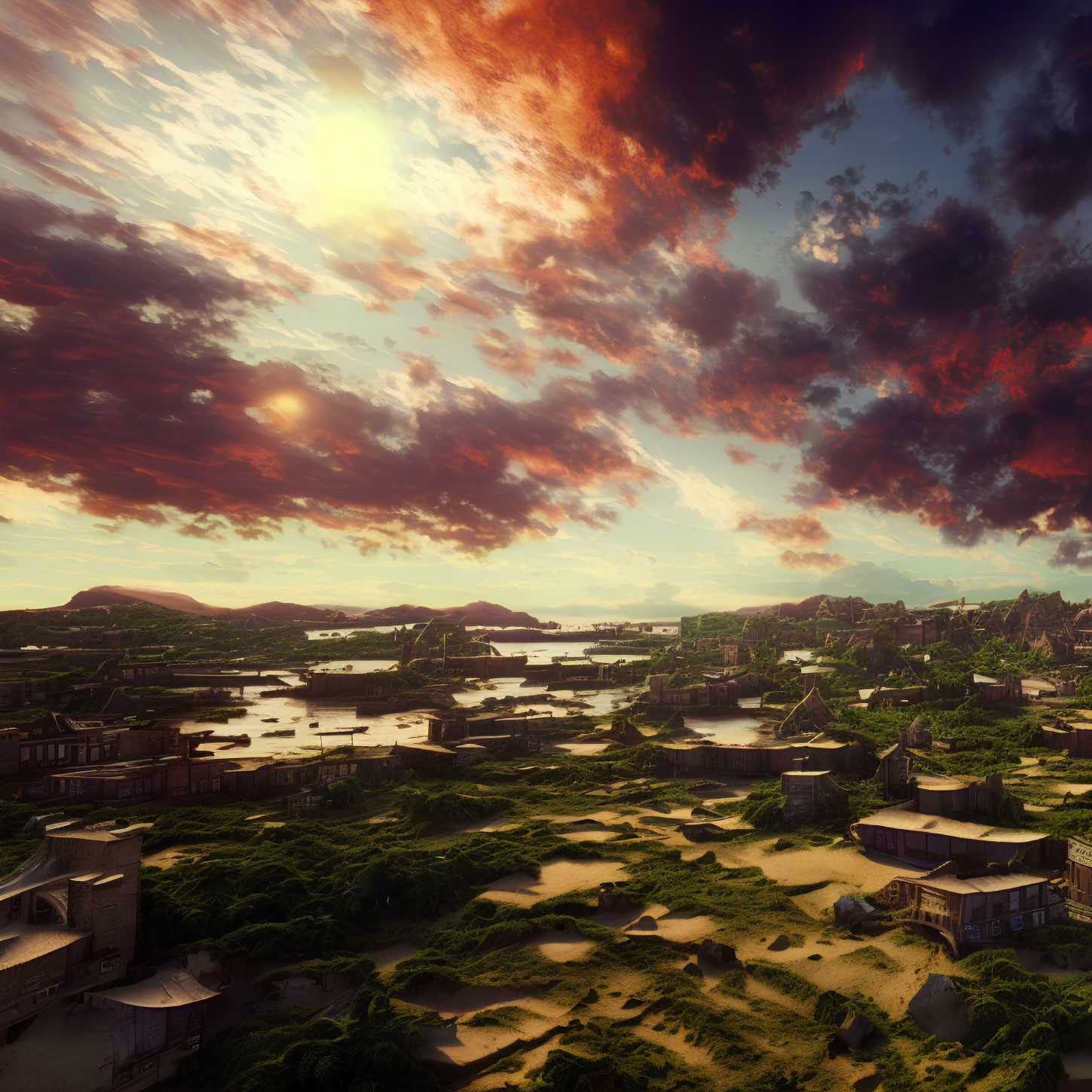 Tranquil river and green hills under vibrant sunset sky