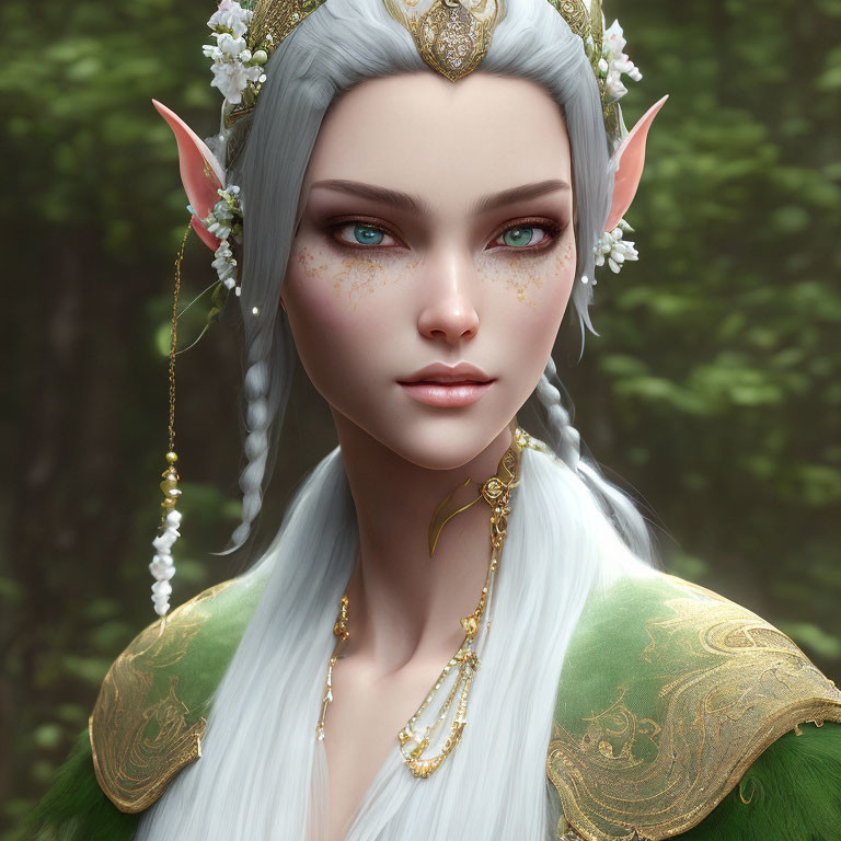 White-haired elf with green eyes in golden tiara and cloak against forest.